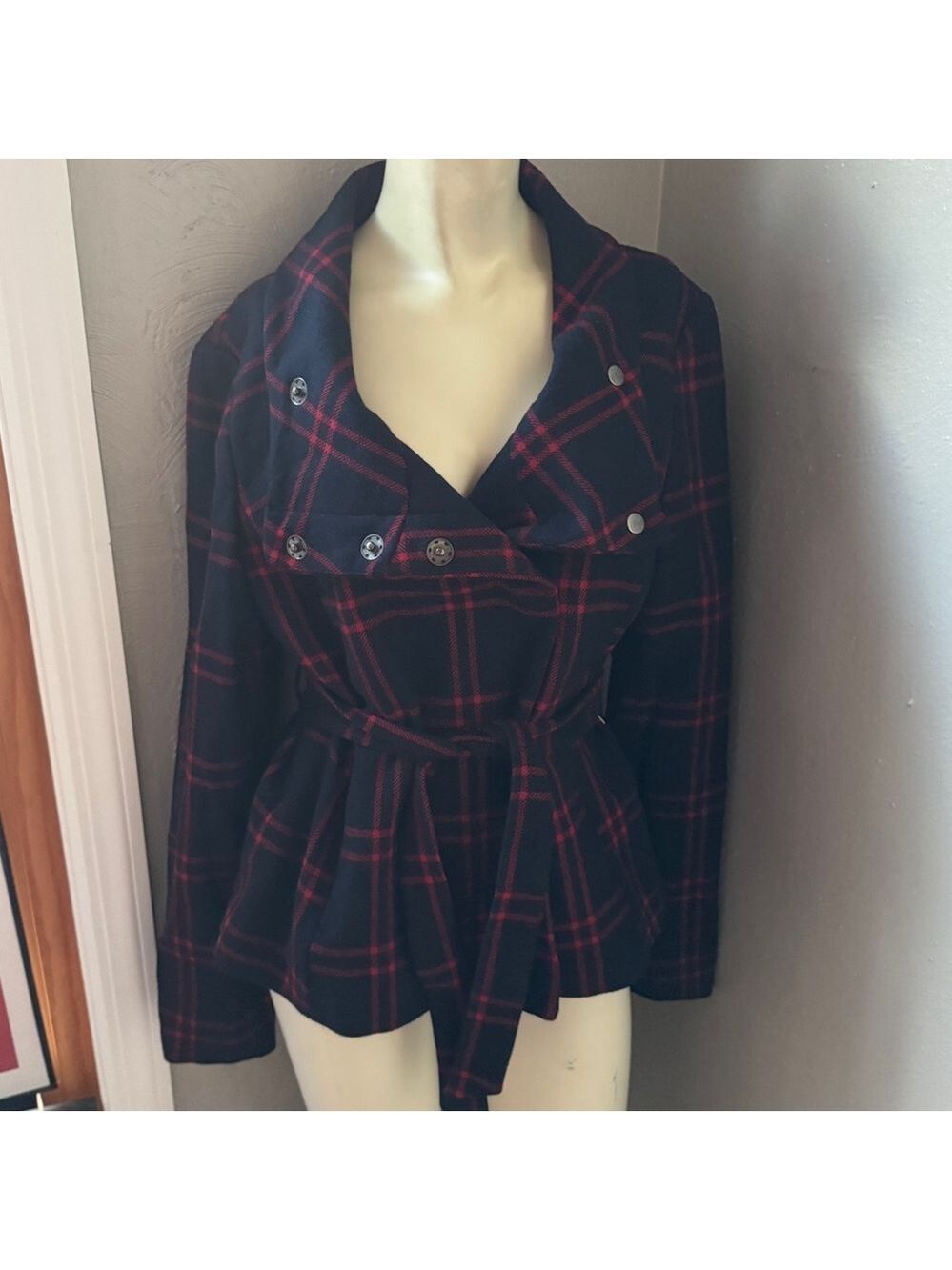 H&M navy blue and red plaid wool-blend belted jacket. Size 10